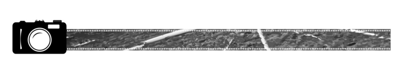 Photo camera icon with filmstrip frame, fim reel vector design. Analog retro camera to use for photography, photo frame, cinema, photography competition projects.