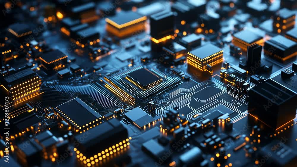 Poster exploring the intricate design and illumination of a modern microchip circuit board in a high-tech s