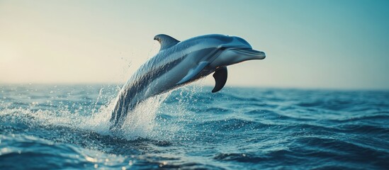 Fototapeta premium Dolphin leaping ocean sunrise, calm sea, nature