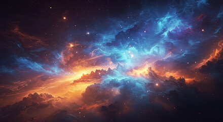 Obraz premium Stellar Canvas: Cosmic Clouds and Sparkling Stars - A Vibrant Nebula with Swirls of Blue, Orange, and Purple, Evoking the Grandeur and Beauty of Outer Space