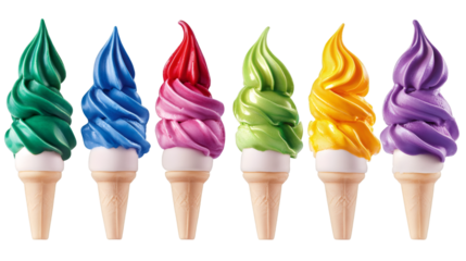 Rainbow colored soft serve ice cream cones standing up on transparent background, ready to be added to any design