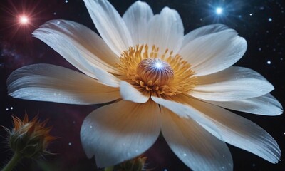 Fototapeta premium A stylized white lotus with a glowing crystalline core, digitally illustrated against a surreal deep space backdrop of stars and nebulae, creates a dreamlike, mystical composition