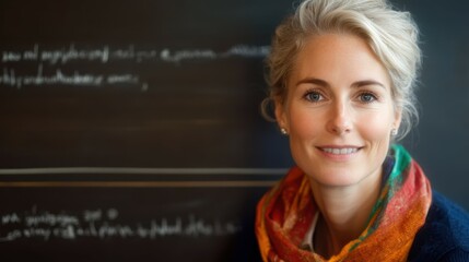 A woman with blonde hair and a colorful scarf is smiling while standing in front of a whiteboard filled with notes. She appears engaged and ready to teach in a classroom