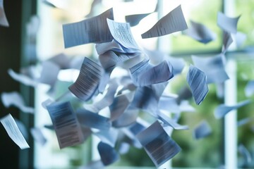A chaotic flurry of papers floating in the air near a window