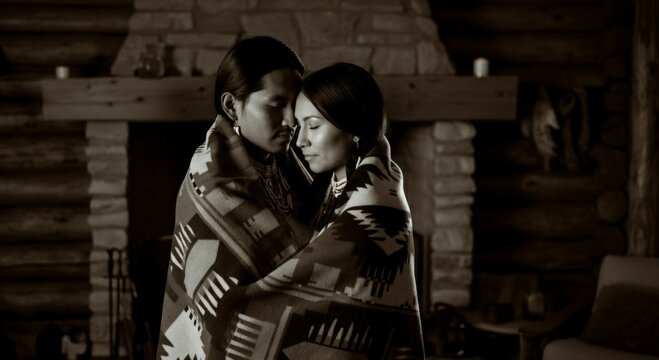 Native American couple embracing wrapped in blanket in cozy cabin fireplace setting