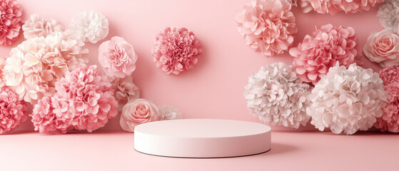 Naklejka premium Minimalist podium surrounded by vibrant pink and white flowers, creating serene atmosphere. Perfect for showcasing products or art