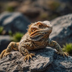 Obraz premium A bearded dragon lizard on a rock, sharp textures, transparent background.