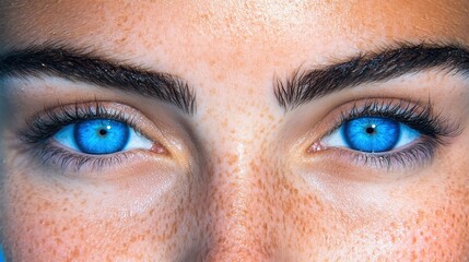 Obraz premium Brightly lit close-up features a young woman showcasing mesmerizing blue eyes and charming freckles. Her gaze is intense, highlighting her youthful beauty in a natural setting