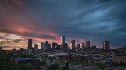 Naklejka premium Denver Skyline at Sunset: A Stunning Cityscape Panorama