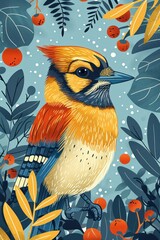 Obraz premium A vibrant illustration of a colorful bird surrounded by foliage and berries.