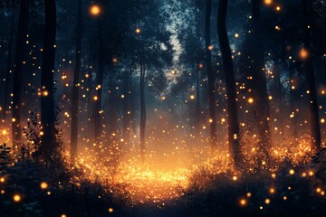 Enchanting Firefly Forest at Night Magical Glowing Lights in Dark Woods