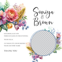 Elegant anniversary invitation card with beautiful floral and leaves template. greeting wedding frame for photo with a bow