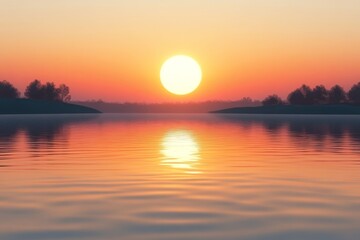 Serene Sunset over Calm Lake with Silhouetted Trees Peaceful Nature Scene