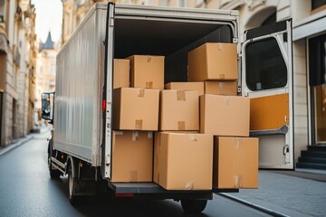 Delivery Truck Loaded with Cardboard Boxes on City Street Urban Logistics and Transportation