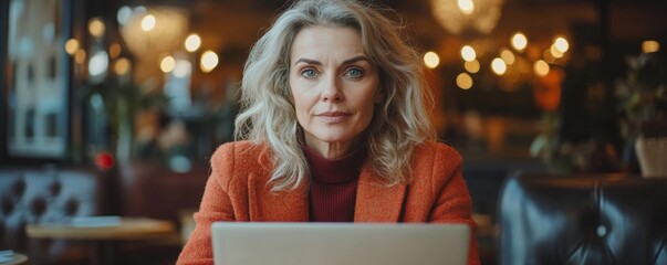 Obraz premium Middle-aged businesswoman, online study taking notes on laptop at cafe - woman planning work projects, e-learning concept