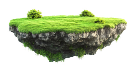 Grassy landscape hovering weightlessly, suspended against transparent backdrop, embodying dreamlike surreal environmental imagery