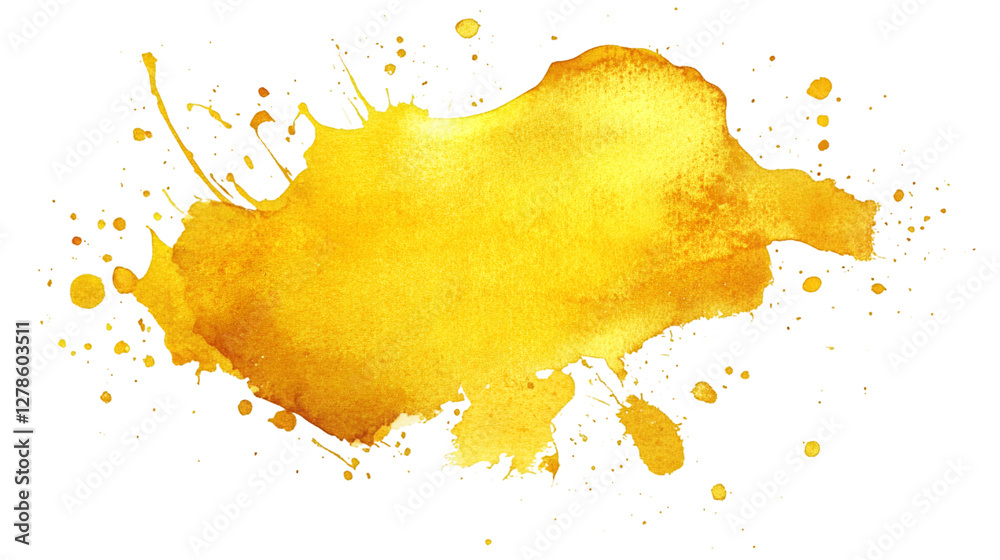 Poster golden watercolor splash spreading dynamic metallic texture, highlighting artistic visual impact wit