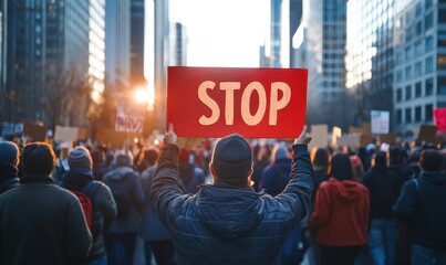 Crowd of protesters with a bold Stop Corruption sign, rallying on urban streets for political integrity, governance reform, and anti corruption