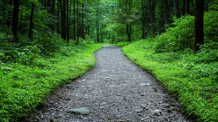 Obraz premium Forest trail path leads into lush green woods