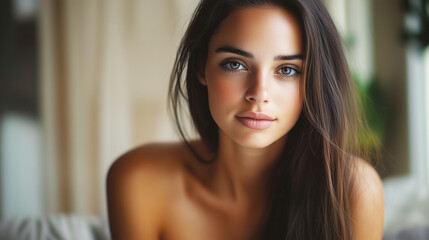 sensual portrait of stunning young brunette woman at home