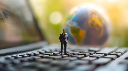 Miniature businessman on keyboard with globe in background