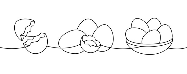 Set of chicken eggs one line continuous drawing. Boiled eggs, broken eggshell, omelette, protein and yolk. Vector illustration
