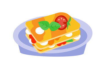 Lasagna with tomatoes and basil on a plate. Food and traditional cuisine, Italy. Symbols and isolated vector illustration on white background. 