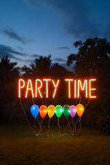 Colorful Neon Sign Celebration at the Beach and City with Balloons for a Happy Birthday Party