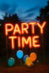 Text 'Party Time" glowing neon light orange light  with colorful balloon and Festive Celebration Design