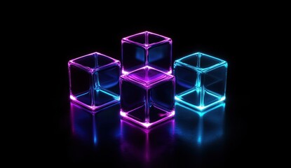 Glowing neon cubes on reflective surface. (1)