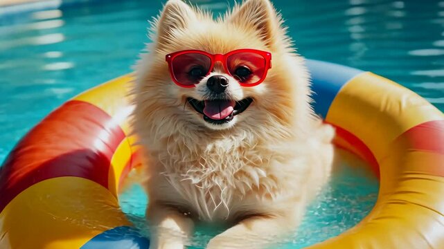 Happy dog wearing sunglasses enjoys a swim in a colorful pool float on a sunny day by the water