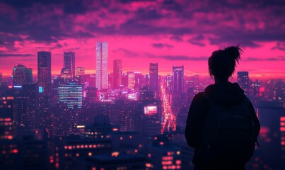 Silhouette of Person With Backpack Observing Lively Night Cityscape of Neon Lights and Skyscrapers From Rooftop