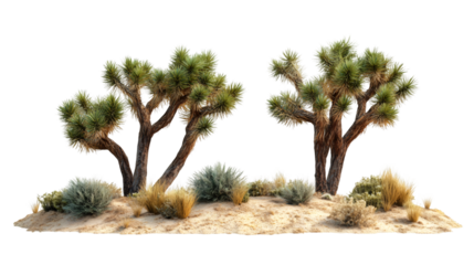 Two Joshua trees and various desert plants thriving on a transparent background, highlighting the unique flora of the Mojave Desert
