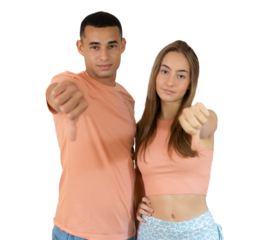 Young beautiful couple isolated over transparent background looking unhappy and angry showing rejection and negative with thumbs down gesture.