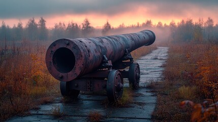 Sunrise cannon, foggy field, autumn, history, military