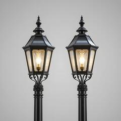 Vintage street lamp on a blue sky backdrop with ornate metal details and glass illumination in an urban setting
