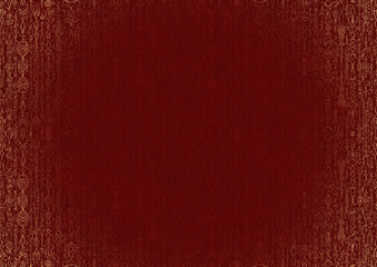 Fototapeta premium Hand-drawn unique abstract ornament. Light red on a deep red background, with vignette of same pattern and splatters in golden glitter. Paper texture. Digital artwork, A4. (pattern: p14b)