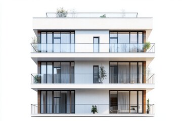 Fototapeta premium Modern White Apartment Building Exterior with Balconies Glass Windows and Plant Life