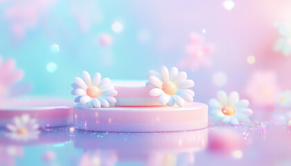 Whimsical pastel daisies on tiered platforms create dreamy atmosphere