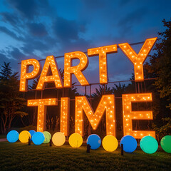 Text "Party Time" Neon Sign at Night with Classic Lights and colorful balloon and Fun Atmosphere