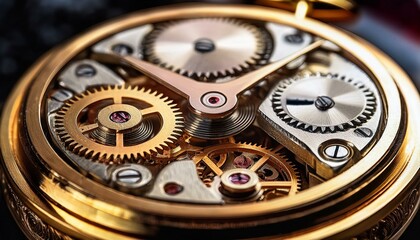 Macro shot of an antique pocket watch's inner gears, showcasing the fine mechanical craftsmanship, intricate detailing, and time-honored design that make it a timeless piece of engineering.