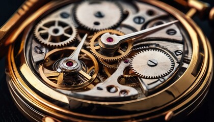 Macro shot of an antique pocket watch's inner gears, showcasing the fine mechanical craftsmanship, intricate detailing, and time-honored design that make it a timeless piece of engineering.