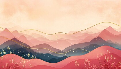 Serene pastel pink hills with gold leaf accents. Dreamlike landscape for spring designs, wellness, quotes, and calming backgrounds. Ample copy space.