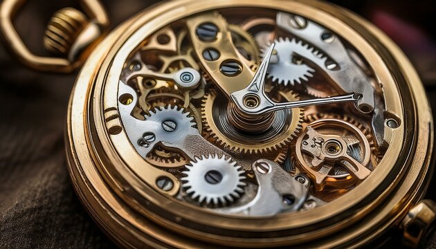 Macro shot of an antique pocket watch's inner gears, showcasing the fine mechanical craftsmanship, intricate detailing, and time-honored design that make it a timeless piece of engineering.