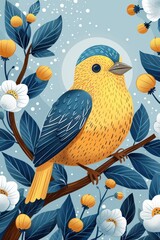 Obraz premium A colorful illustration of a bird perched on a branch surrounded by flowers and leaves.