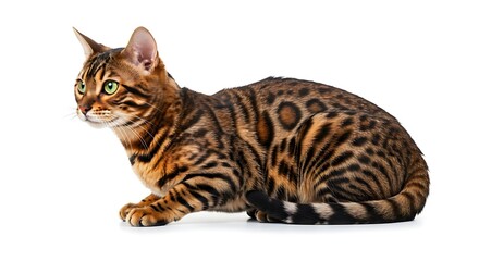 Fototapeta premium Bengal Cat Crouching Posing with Striking Markings on White Background
