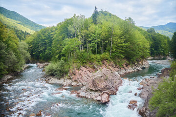 The confluence of two stormy mountain rivers. Caucasian Biosphere Reserve