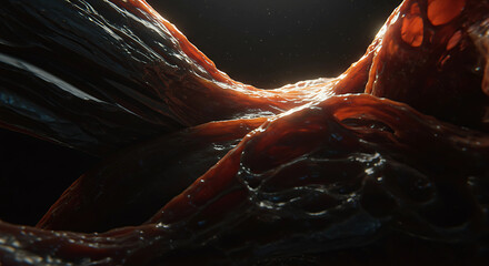 Fototapeta premium Organic Abyss: Textural Depths of Crimson and Black - A Macro View of Fluid Forms with Glistening Highlights, Evoking a Sense of Raw, Visceral Power and Enigmatic Beauty
