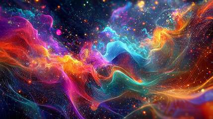 Abstract cosmic artwork depicting swirling nebulae in vibrant hues of orange, pink, blue, and teal