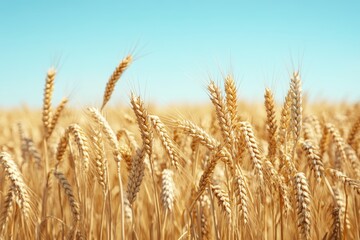 Fototapeta premium Golden Wheat Field Landscape Ripe Ears of Grain Under a Sunny Blue Sky